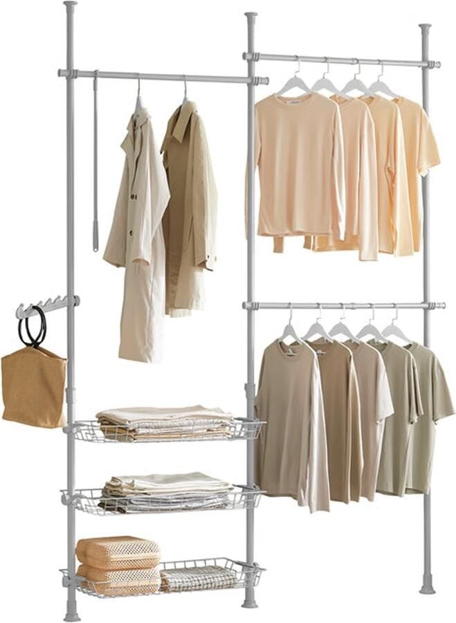 Rootz Living Rootz Verstelbare Telescopische Kledingroede Garderobeorganisator Rekkensysteem Ruimtebesparend ontwerp Eenvoudige montage Variabele maat 147-198cm x 200-285cm Lichtgrijs