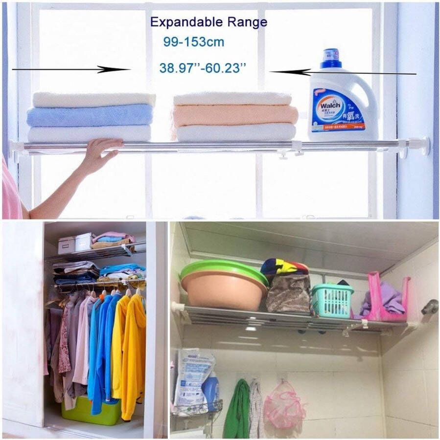 Verstelbare telescopische plank Kastplank Schaalbare opbergplank Opslag Zwaar uitgevoerd roestvrij staal Uitbreidbare plankverdeler voor badkamer Keukenkast Koelkast Garderobe Lengte 99-153 cm