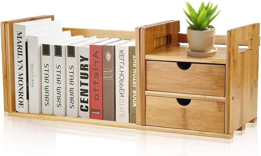 Verstelbare Uitschuifbare Bureaublad Boekenkast met 2 Laden Natuurlijk Bamboehout