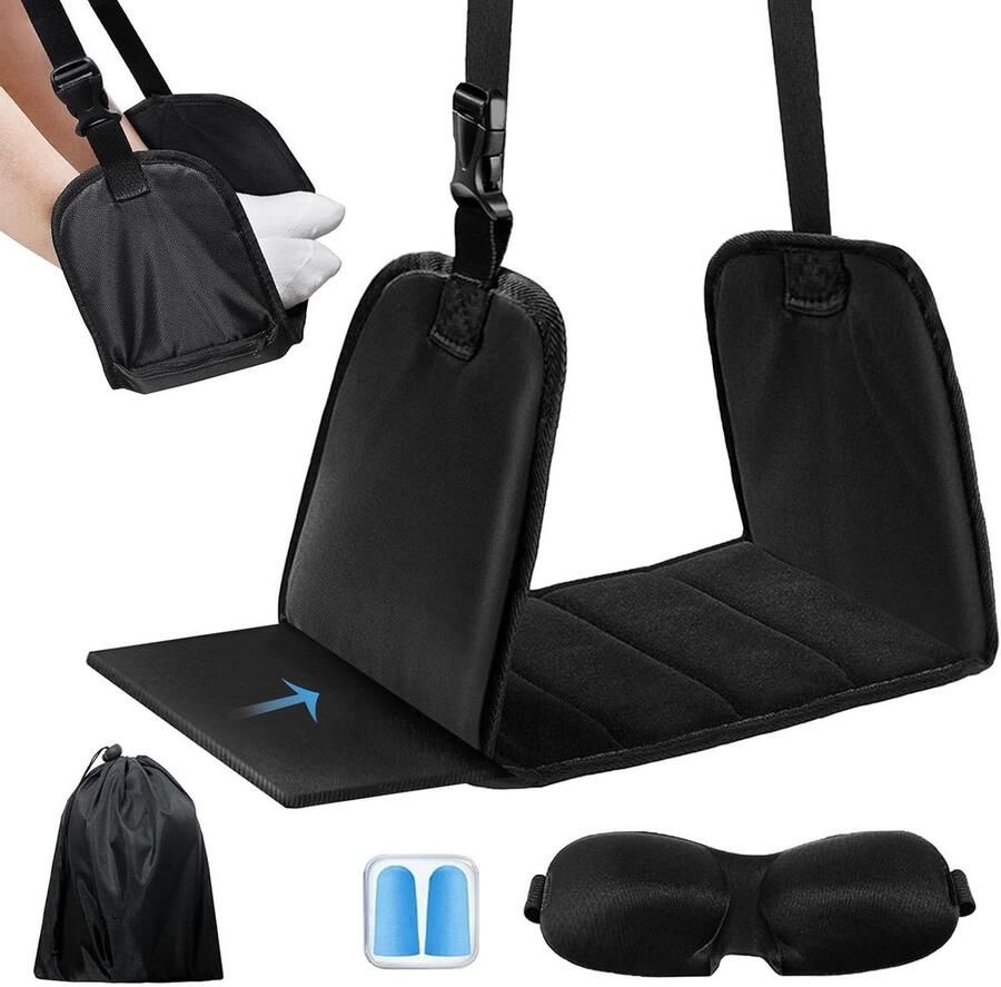 Verstelbare vliegtuigvoetsteun met traagschuim draagbare voethangmat slaapmasker en oordopjes
