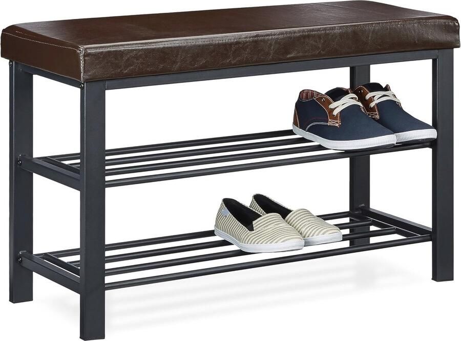 Schoenenbank met zitkussen voor 6-8 paar schoenen Metalen schoenenrek van kunstleer 49x81x31 cm bruin