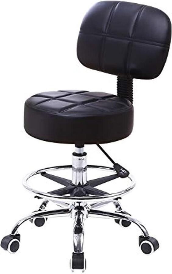 Verstelbare Werkstoel met Rugleuning en Wieltjes PU-leer Salon Kruk Zwart