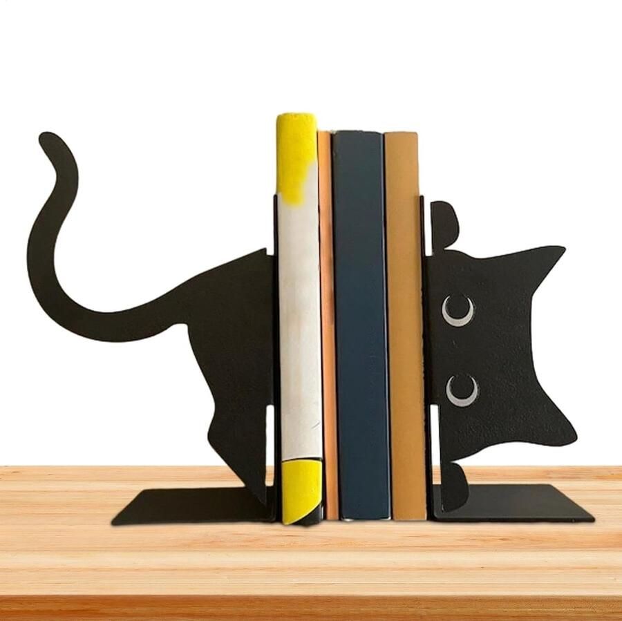Verstopte Kat Boekensteun Metalen Boekensteun Heavy Duty zwart metalen boekensteunen Voor slaapkamer Bibliotheek Kantoor-Boekenstandaard Boekenhouder Boeksteun Book Holder Zwart set Van 2