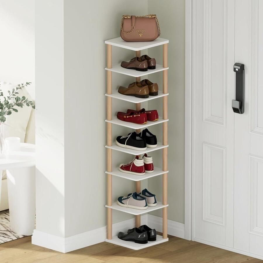 Verticaal schoenenrek 8 niveaus slank ruimtebesparend minimalistisch organizer vrijstaand opbergruimte voor kleine ruimtes entree gang woonkamer en hoek