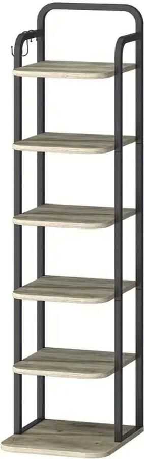 Verticaal Schoenenrek – Houten Schoenenkast met 6 Lagen & 2 Haken – Vrijstaand & Verstelbaar – Ruimtebesparende Schoenentoren voor Hal Kast & Kleine Ruimtes – Vintage Bruin Beige Wit