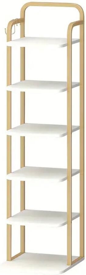 Verticaal Schoenenrek – Houten Schoenenkast met 6 Lagen & 2 Haken – Vrijstaand & Verstelbaar – Ruimtebesparende Schoenentoren voor Hal Kast & Kleine Ruimtes – Vintage Bruin Beige Wit