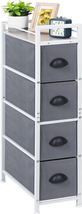 Verticaal slank dressoir met 4 stoffen lades Stoffen dressoir opbergtoren Grote capaciteit dressoir voor badkamer keuken woonkamer ingang smalle kamer (wit en grijs)