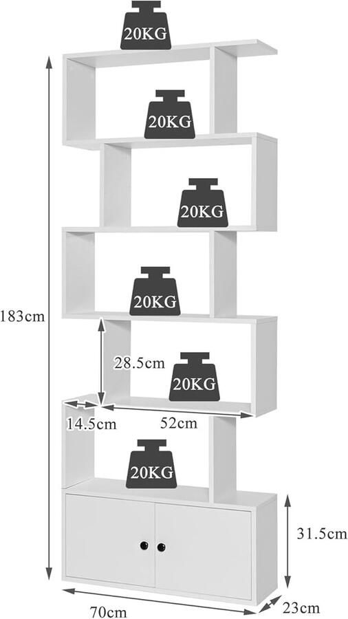 Verticale boekenkast met 5 niveaus – Multifunctionele scheidingswand met 2 deuren 70x23x183 cm voor woonkamer en slaapkamer