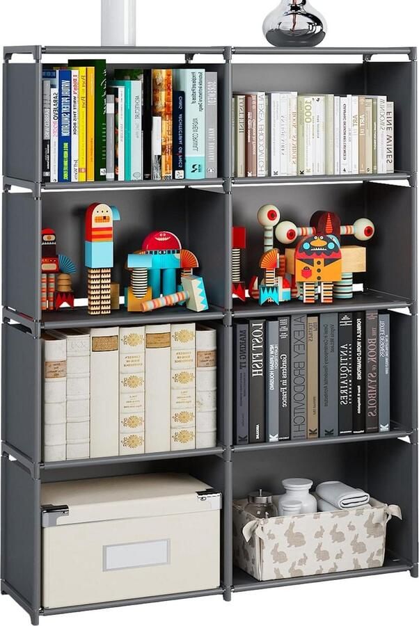 Verticale Boekenkast Opbergrek Multifunctionele Opberger voor Slaapkamer en Woonkamer Gemonteerd met Dubbele Rijen 8 Roosters Grijs