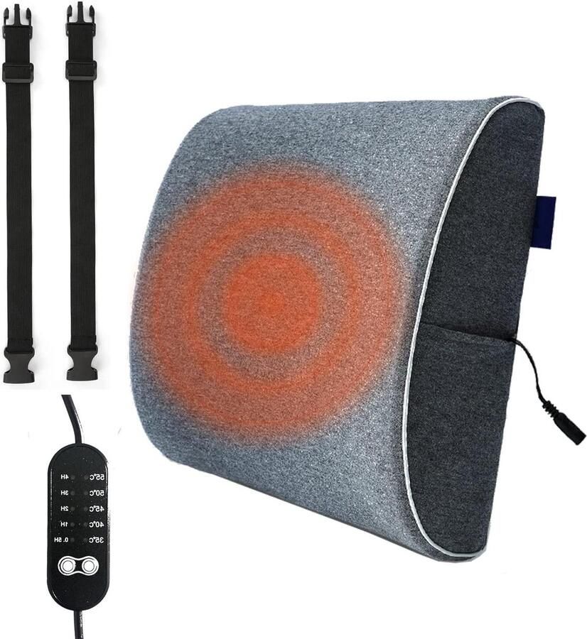 Verwarmd lendenkussen voor bureaustoel verlicht onderrugpijn traagschuim donkergrijs