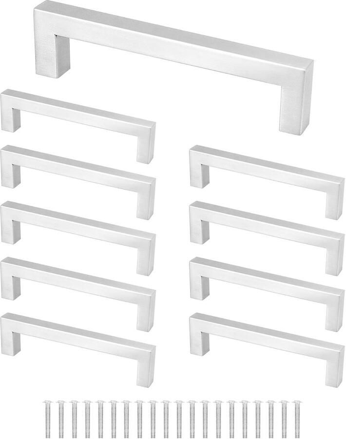 10 Stuks Zilveren Meubelgrepen Vierkante Keukenkast Handgrepen van 304 Roestvrij Staal Incl. Schroeven Gat Midden: 128 mm