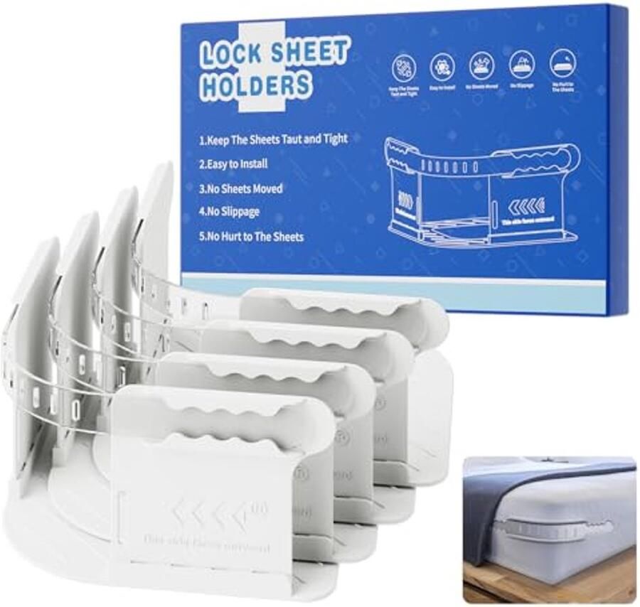 Verwijderbare en Verstelbare Lakenhouder met Slotstrips 4 Stuks voor Strakke en Veilig Bedlakens