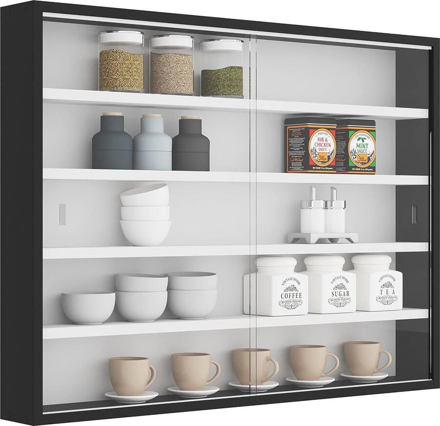 Senza Marchio Verzameldisplaykast Hangende vitrinekast Wandvitrinekast Glazen vitrinekast -zwart-wit