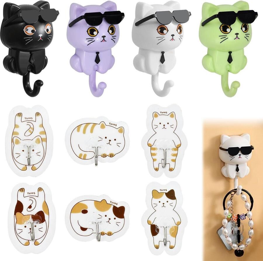 VGECEE 10-pack kattensleutelhangers sleutelhanger zelfklevende kapstokhaken kattensleutelhanger plastic katten creatieve haken waterdichte zelfklevende haken dieren garderobe kinderen voor thuis keuken slaapkamer