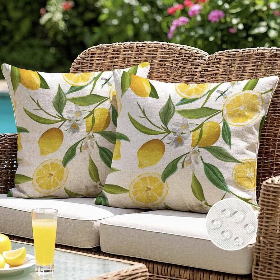 ViaElayu Buitenkussenhoes 40x40 cm Geel Citroen Kussenhoezen Buitenkussen Weerbestendig Bankkussen Decoratief Kussen Tuinkussen Bankkussen Lente Zomer Decoratie voor Woonkamer Bank Terras Set van 2