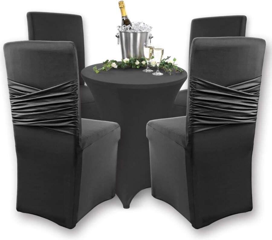 Victoria Stretchstoelhoes set van 4 ronde en hoekige stoelleuningen bi-elastische pasvorm met zegel van Öko-Tex-standaard 100 getest en betrouwbaar (zwart)