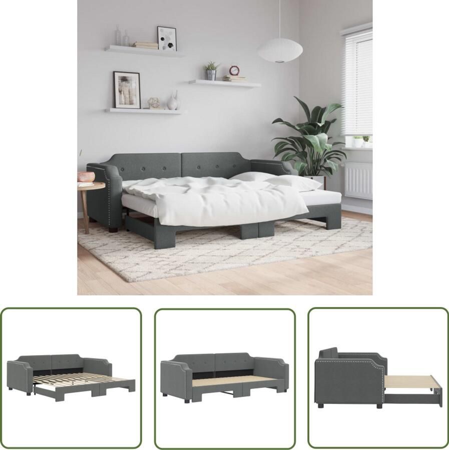 The Living Store Slaapbank met onderschuifbed 90x190 cm stof donkergrijs Slaapbank 2-in-1 Bank Donkere Grijze Bank Stoffen Bank Compact Bed
