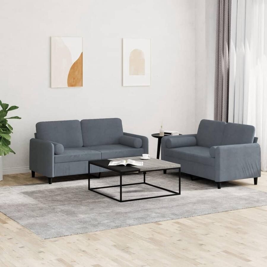 The Living Store Loungeset Donkergrijs Fluweel 2-zitsbank 140 cm Stevig Metalen Frame Loungeset 2 Persoons Bank Donkere Grijze Bank Velvet Bank Lounge Meubilair