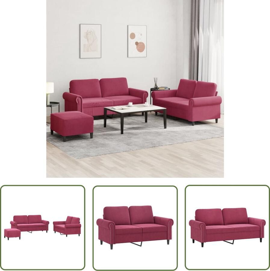 VidaXL 2 Persoons Bank Loungeset 3-delige Loungeset met kussens fluweel wijnrood Fluweel Sofa Rode Bank Salon Meubilair
