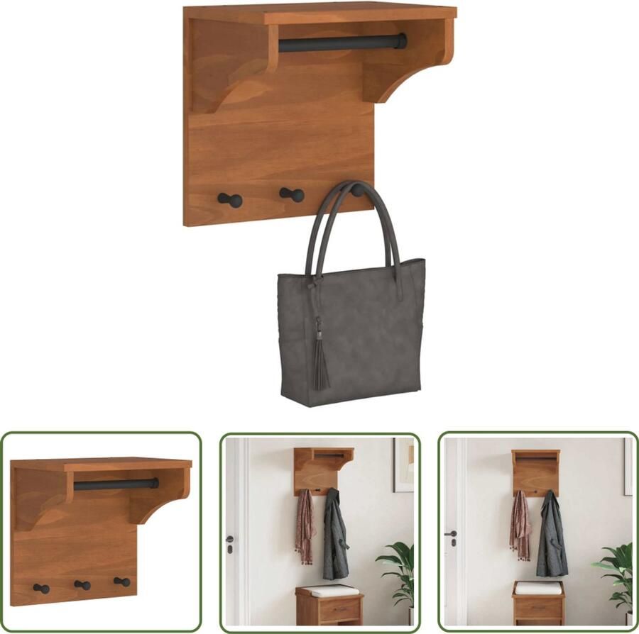 The Living Store Wandkapstok SANDNES 43x30x42 cm massief grenenhout Wandkapstok Acacia Houtsoort Grenenhout Hangrek Entree Decoratie