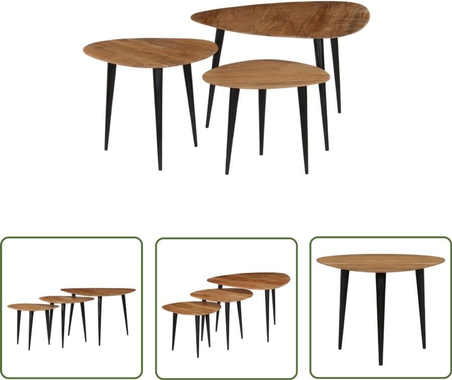 The Living Store 3-delige Salontafelset massief acaciahout Salontafel Acaciahout Vintage Meubilair Retro Tafel Handmade Furniture