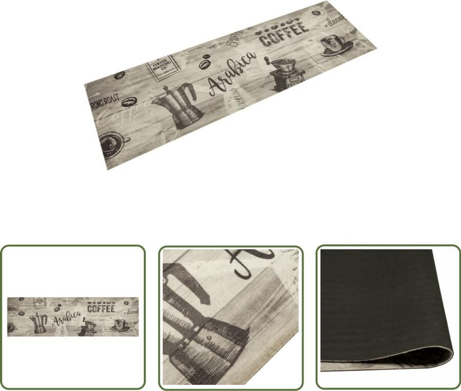 The Living Store Keukenmat wasbaar koffieprint 45x150 cm fluweel grijs Keukenmat Anti-slip Matten Vloerkleden Keukenaccessoires Grey Kitchen Rug