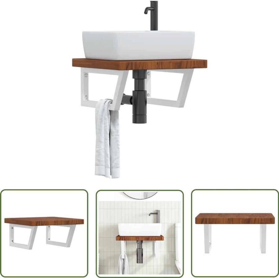 VidaXL Badkamer wandschap staal en massief eikenhout Badkamer Meubilair Badkamer Accessoires Houten Kastje Eikenhouten Plank Wandplank Badkamer