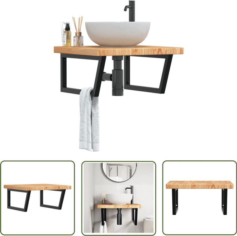 VidaXL Badkamer wandschap staal en massief eikenhout Badkamer Meubilair Badkamer Accessoires Houten Badkamerkast Eikenhouten Kast Wandplanken Badkamer