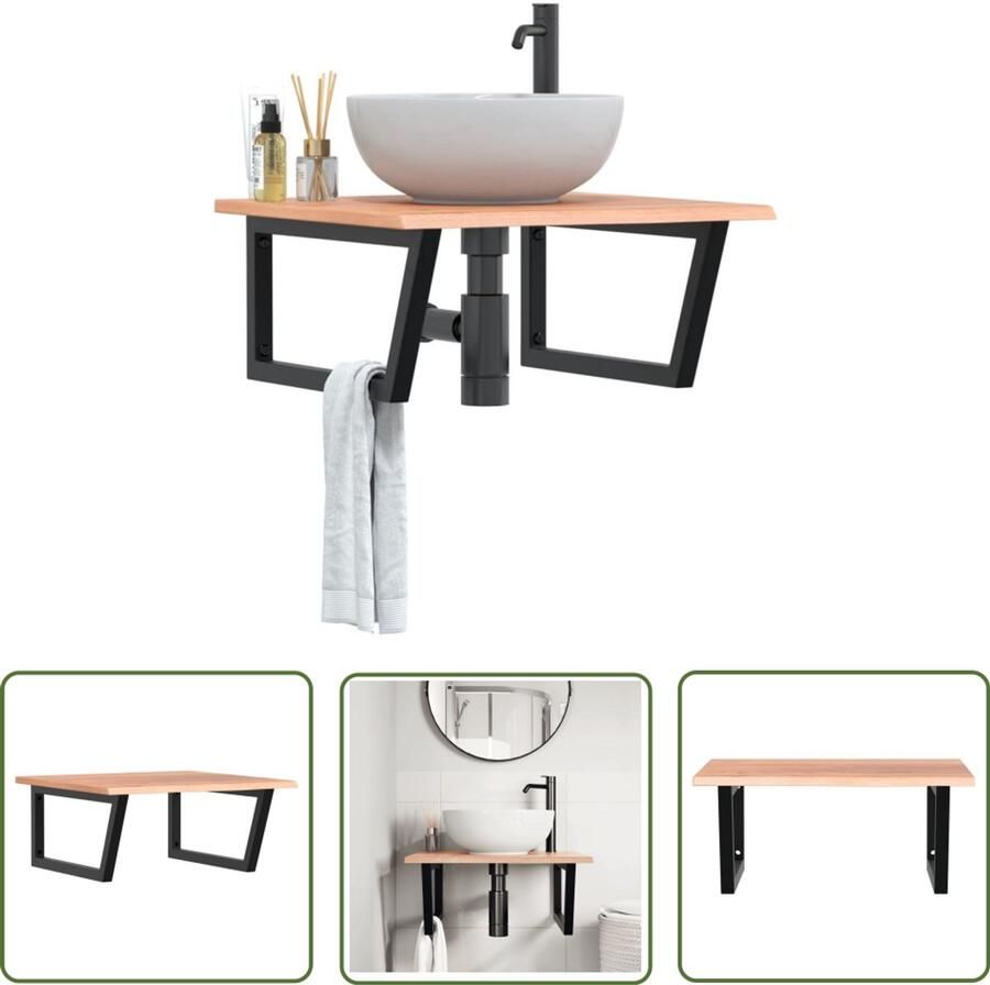 VidaXL Badkamer wandschap staal en massief eikenhout Badkamer Accessoires Badkamer Meubilair Houten Badkamerkast Wastafelplanken Badkamerwanddecoratie