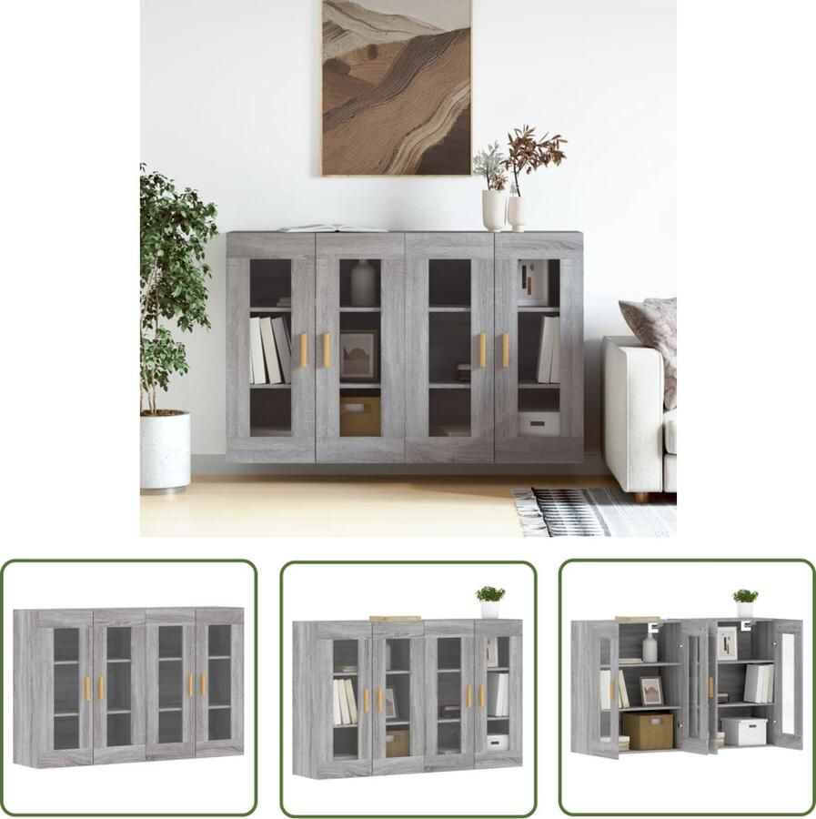 The Living Store Hangkasten 2 st bewerkt hout grijs sonoma eikenkleurig Wandkast Grijze Wandkast Houten Wandkast Opbergkast Set Van 2 Wandkasten