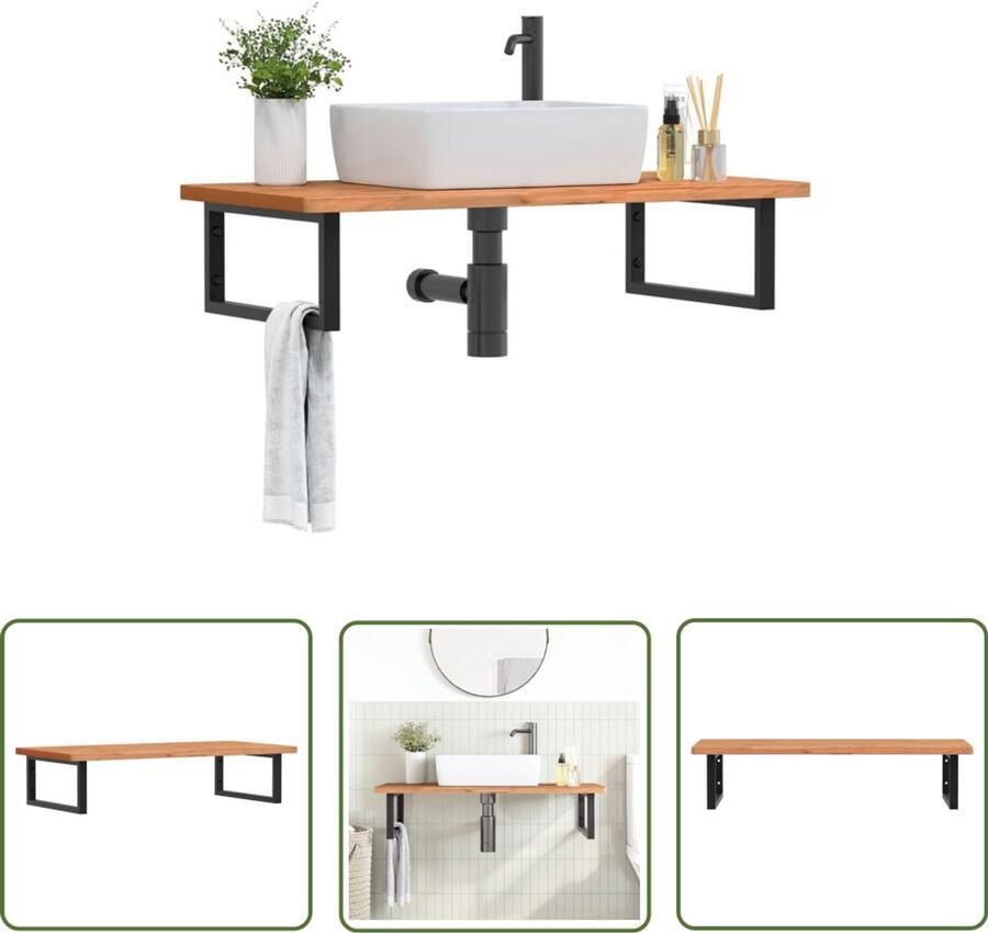 VidaXL Badkamer wandschap staal en massief beukenhout Badkamer Meubilair Badkamerwandplank Houten Badkamermeubil Bruine Badkamerkast Wastafelplanken