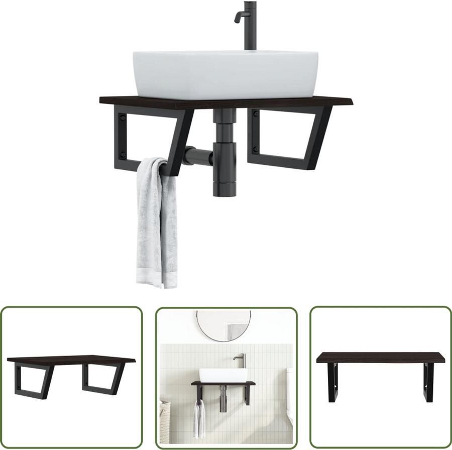 VidaXL Badkamer wandschap staal en massief eikenhout Badkamer Meubilair Badkamerwandplank Houten Badkamermeubel Eikenhouten Kastje Zwarte Metalen Plank