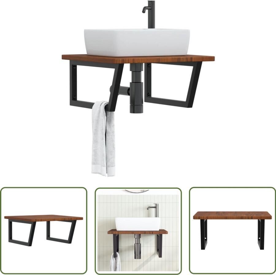 VidaXL Badkamer wandschap staal en massief eikenhout Badkamer Meubilair Badkamerwandplank Houten Badkamerkast Eikenhouten Kast Bruine Badkameraccessoires