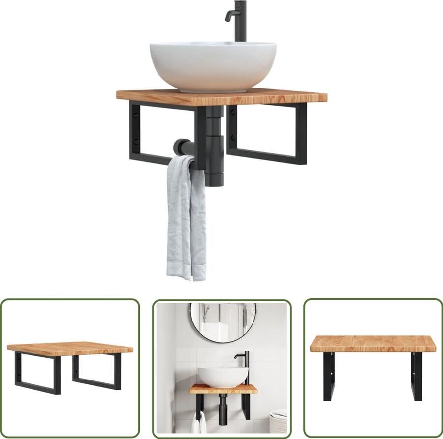 VidaXL Badkamerwandplank Badkamer Meubilair Badkamer wandschap staal en massief eikenhout Houten Badkamerkast Eikenhouten Kast Zwarte Metalen Plank