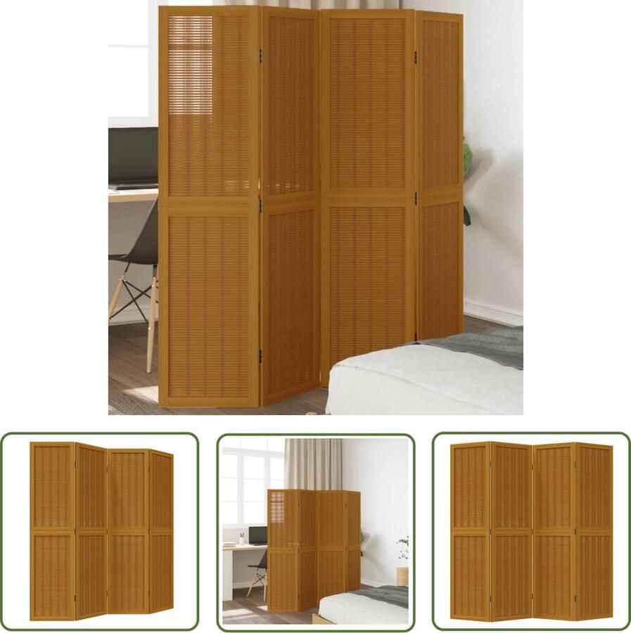 The Living Store Kamerscherm van massief paulowniahout 140-145 x 220 cm Bewerkt hout 4 panelen Kamerscherm Scheidingswand Paulowniahout Houten Kamersscherm Meubilair