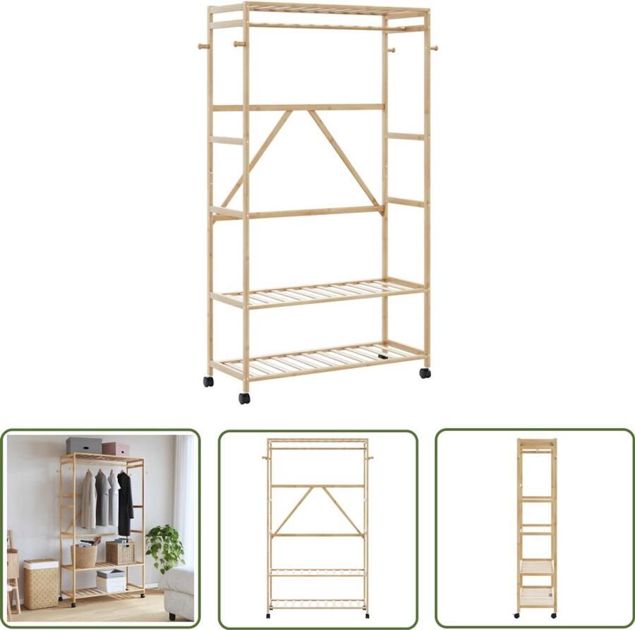 The Living Store Kledingrek met schappen en wielen 110x40x180 cm bamboe Kledingrek Bamboe Kledingrek Kledingopbergers Kast Met Laden Dressoir