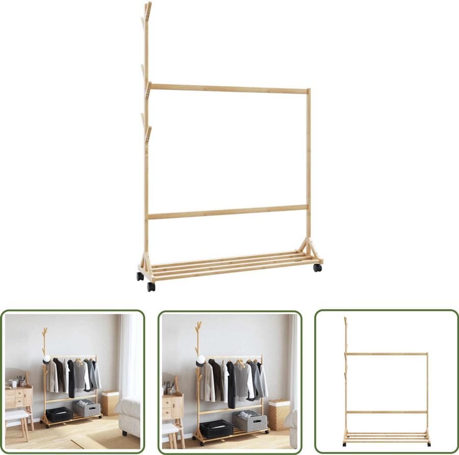 The Living Store Kledingrek met haken en wielen 100x35x157 cm bamboe Kledingrek Bamboekast Garderobe Organizer Kledingopbergers Multifunctioneel Rek