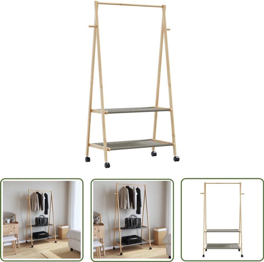 The Living Store Kledingrek met schappen en wielen 96x45 5x155 5 cm bamboe Kledingrek Bamboekast Opbergkast Garderobe Kastenmeubel