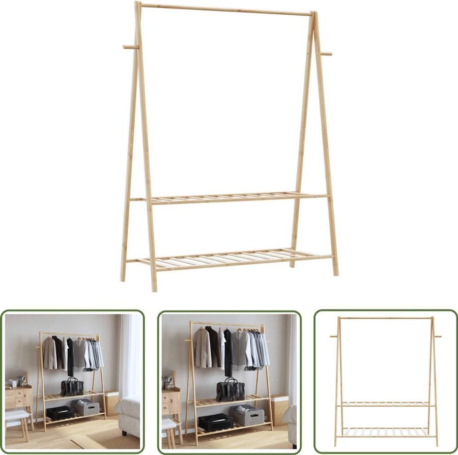 VidaXL Kledingrek met schappen 132x45 5x150 5 cm bamboe Kledingrek Bamboekledingrek Kledingopbergers Opbergplank Kapstok
