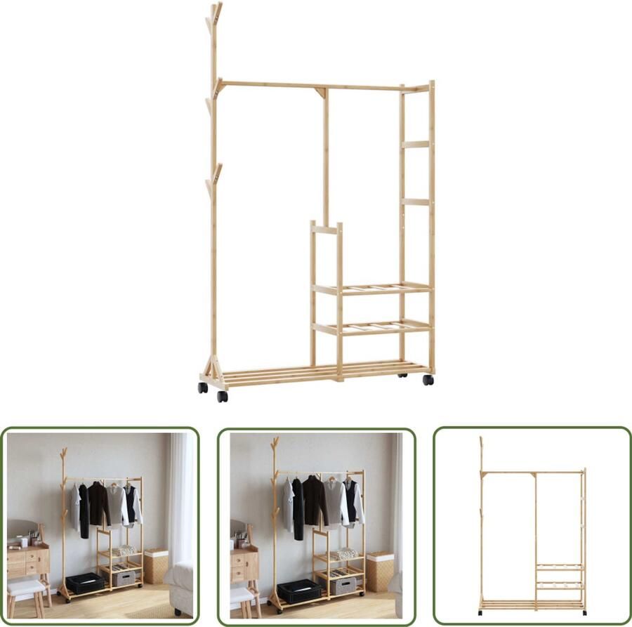 The Living Store Kledingrek met schappen en wielen 100x38x175 5 cm bamboe Kledingrek Bamboekledingrek Kledingkast Opbergruimte Kast