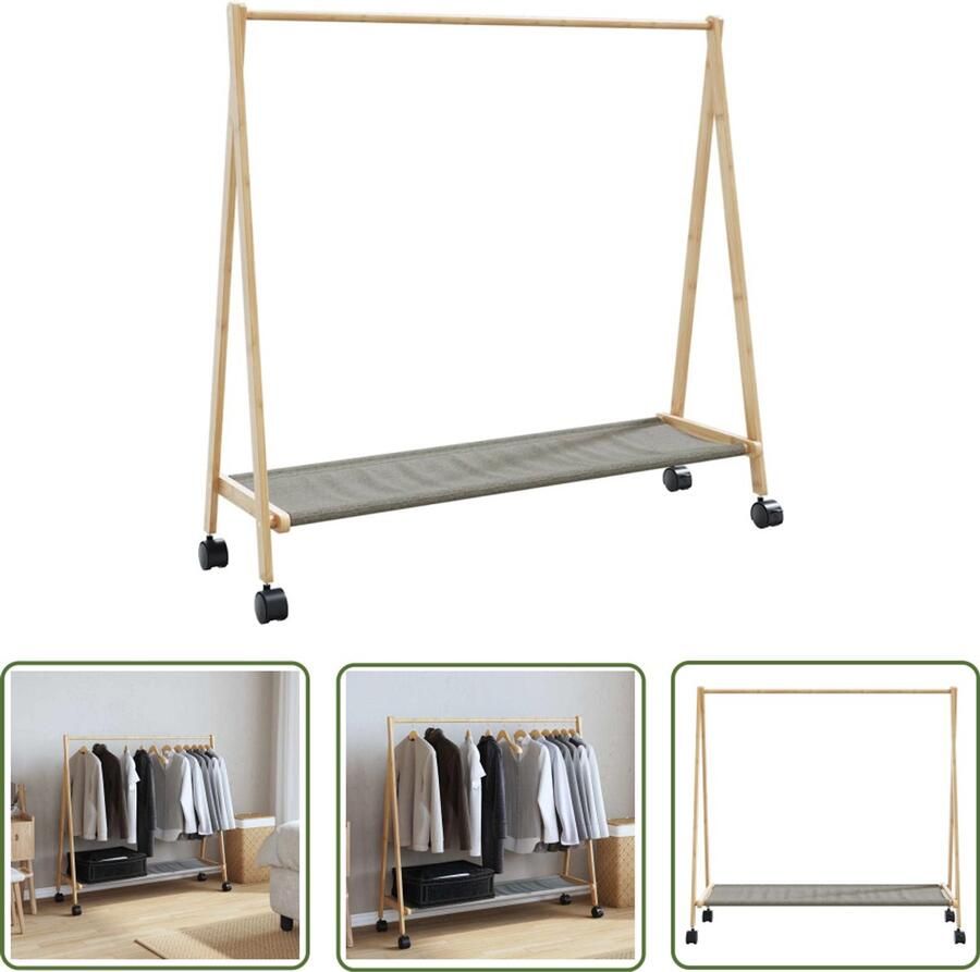 VidaXL Kledingrek met schappen en wielen 106x34x106 5 cm bamboe Kledingrek Bamboekledingrek Kledingopbergers Kast Dressoir