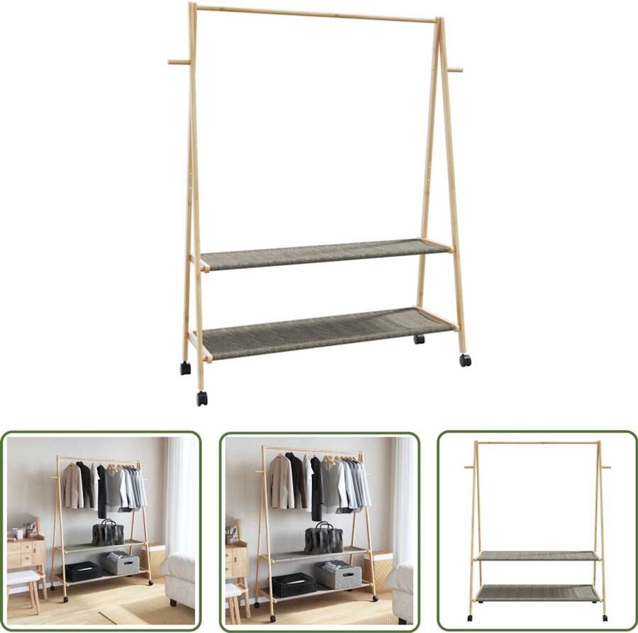 The Living Store Kledingrek met schappen en wielen 132x45 5x155 5 cm bamboe Kledingrek Bamboekledingrek Kledingopbergingsysteem Multifunctionele Kast Garderobe