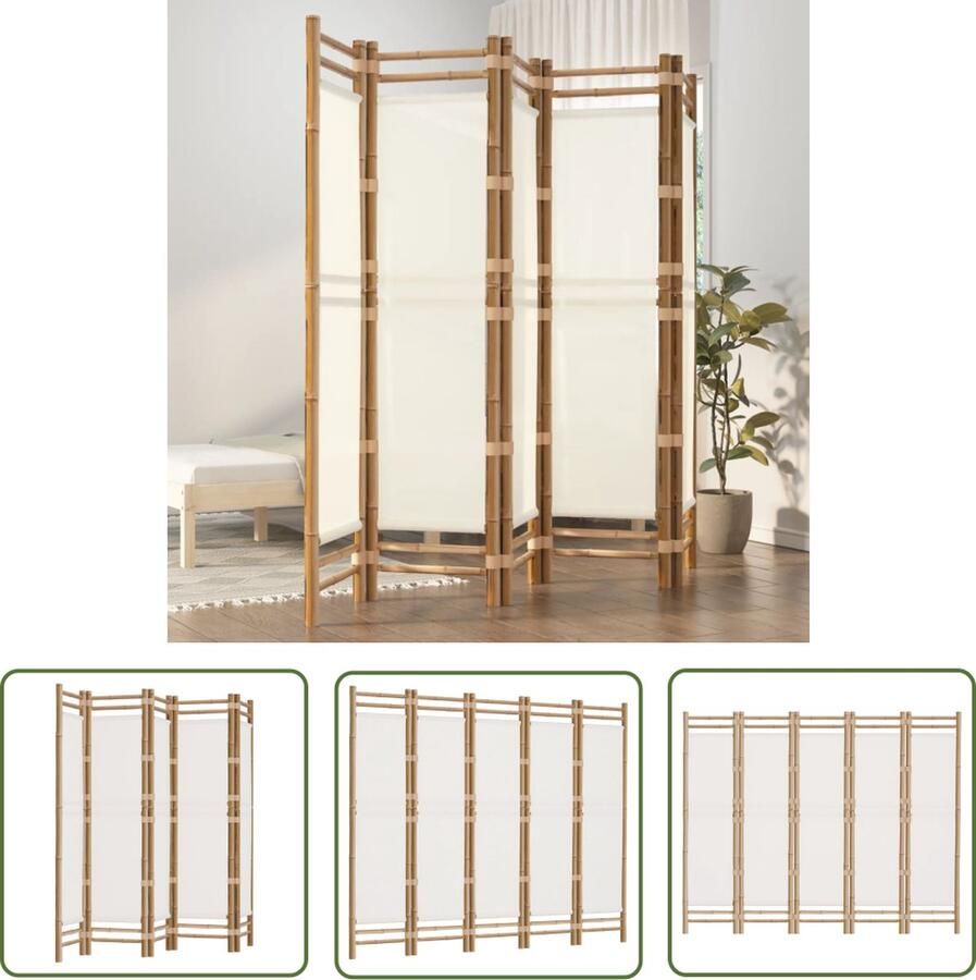 The Living Store Kamerscherm 5-panelen inklapbaar 200 cm bamboe en canvas Kamerscherm Bamboescherm Privacy Screen Scheidingswand Room Divider