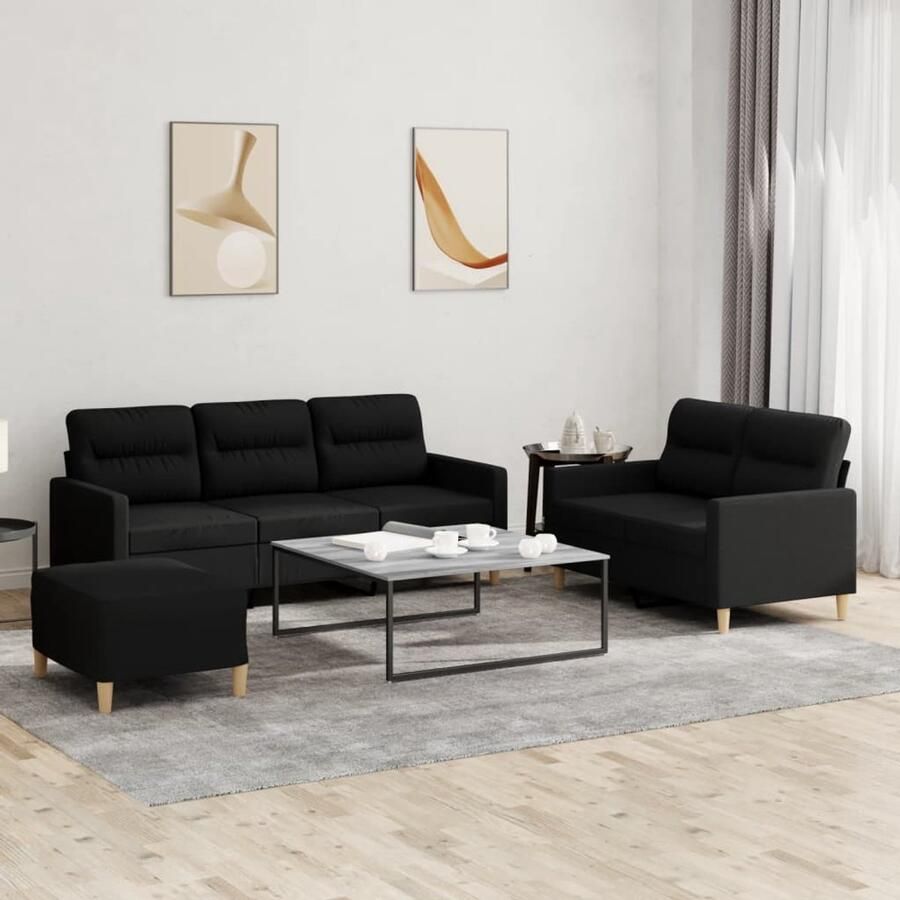The Living Store 3-delige loungeset met kussens stof zwart Loungeset Bank Sofa Buitenmeubel Tuinset
