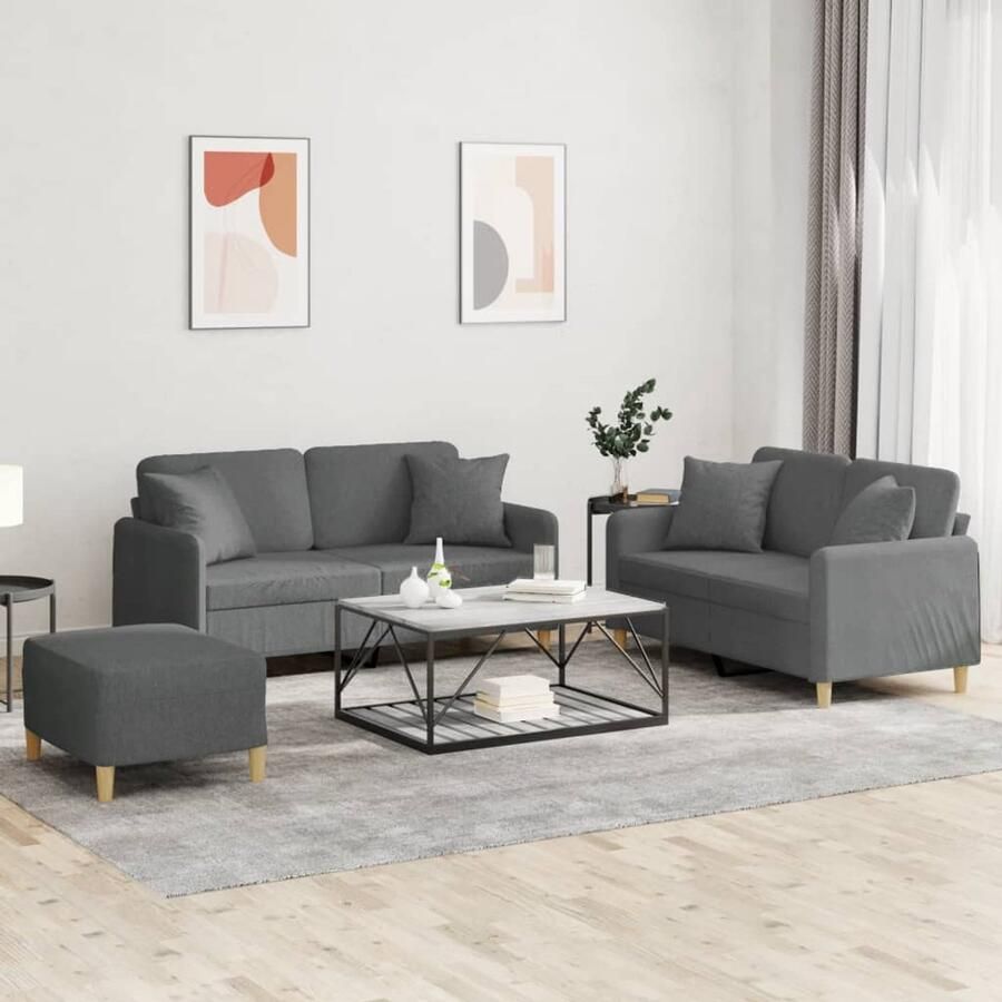 The Living Store 3-delige Loungeset met kussens stof donkergrijs Loungeset Banken Buitenmeubel Tuinlounge Lounge Set