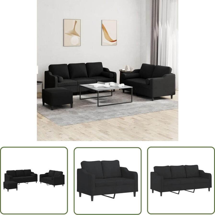 The Living Store 3-delige Loungeset met kussens stof zwart Loungeset Banken Tuinmeubel Buitenleven Relaxen