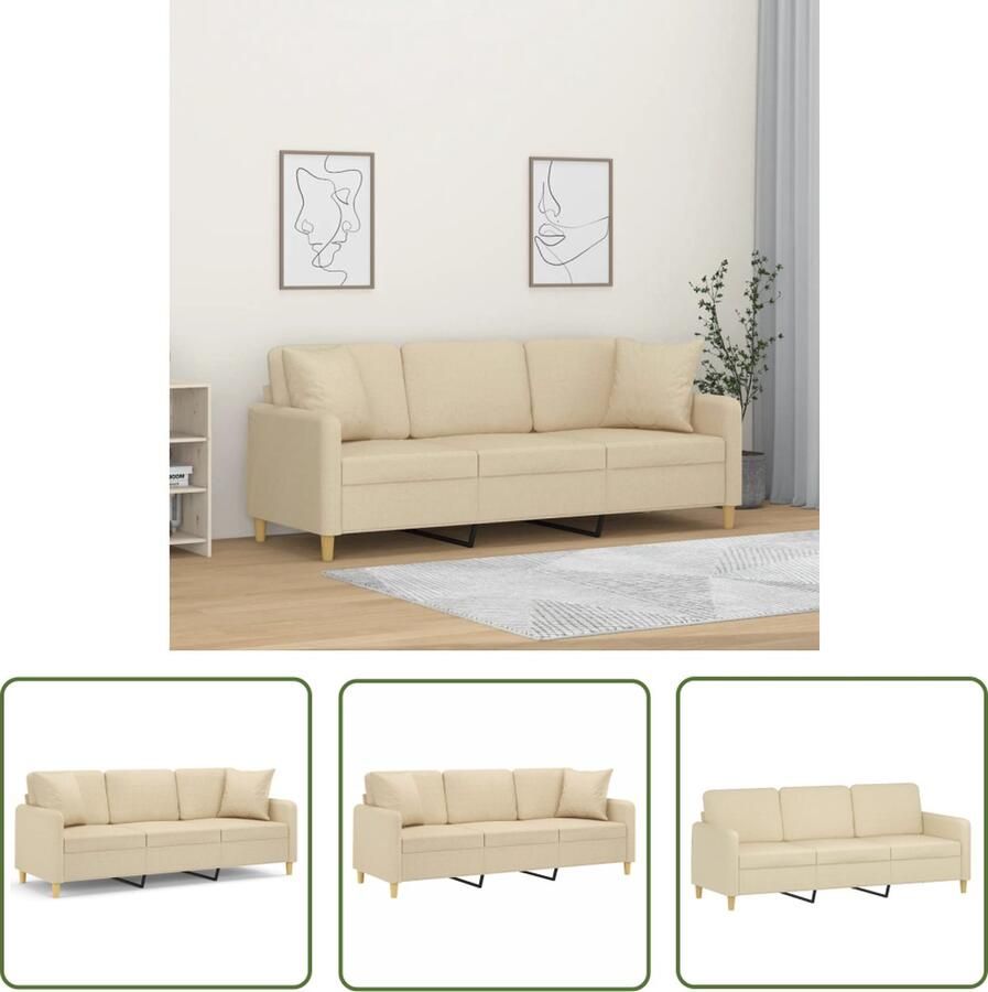 The Living Store Driezitsbank met sierkussens 180 cm stof crèmekleurig 3-zitsbank Bankstel Lounge Bank Creme Sofa Lederlook Bank