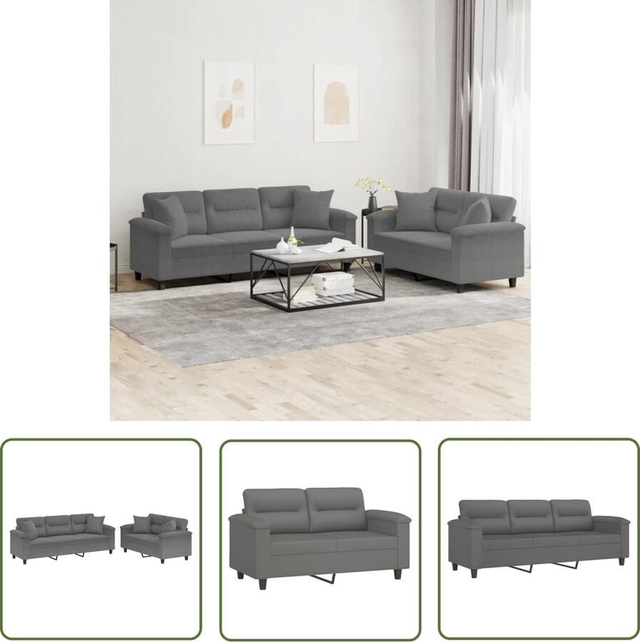 The Living Store Bankstel Lounge 2-Zits 3-Zitsbank Donkergrijs Microvezel Stevig Metalen Frame Lounge Set Bankstel Microfiber Sofa Donkere Grijze Bank 2 Persoons Bank