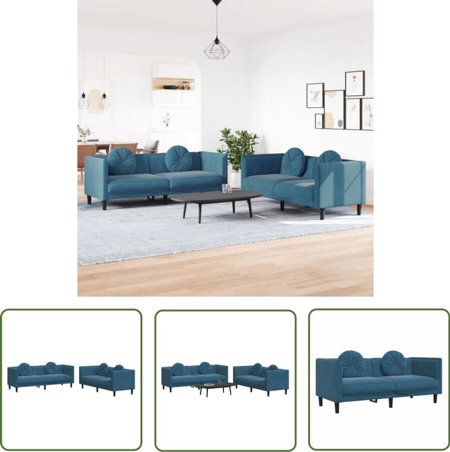 The Living Store Bank Fluweel Blauw 2-Zits + 3-Zits Ronde Kussens Ondersteunende Poten Lounge Suite Bankstel Fluweelbanks Blauwe Bank 2 Persoons Bank