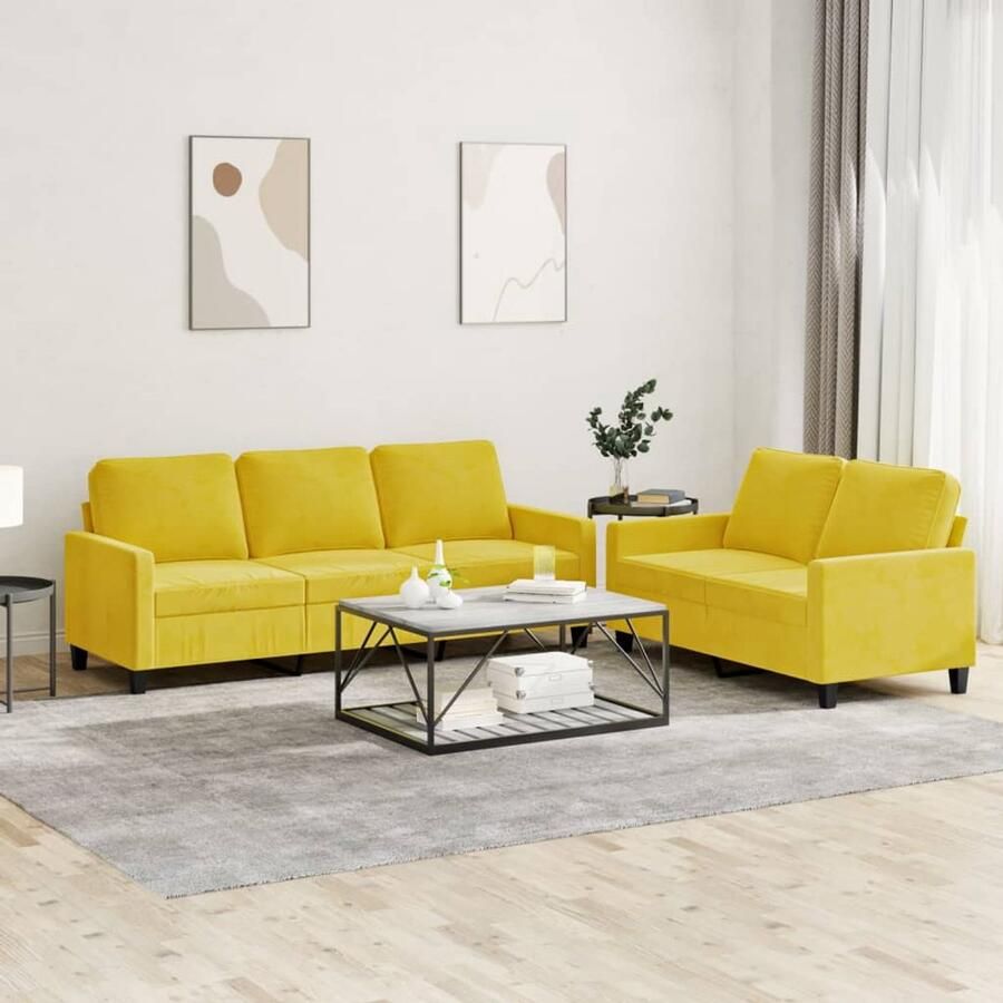 The Living Store Loungeset Zacht Fluweel 2 en 3-Zitsbank Geel Comfortabele Zitervaring Loungebank Bankstel Fluweelbanks Gele Bank 2 Persoons Bank
